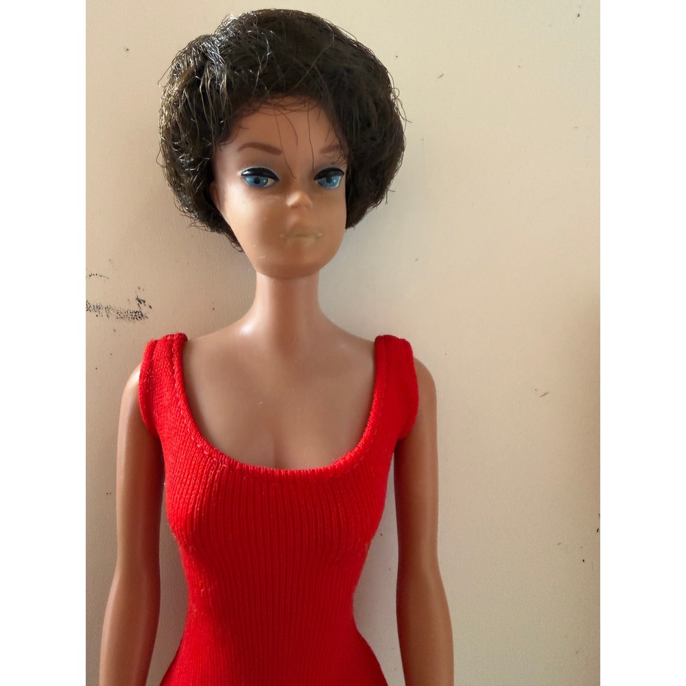 Vintage Mattel Barbie Bubblecut Brunette Red Swimsuit Heels 1960s Doll Box Shoes